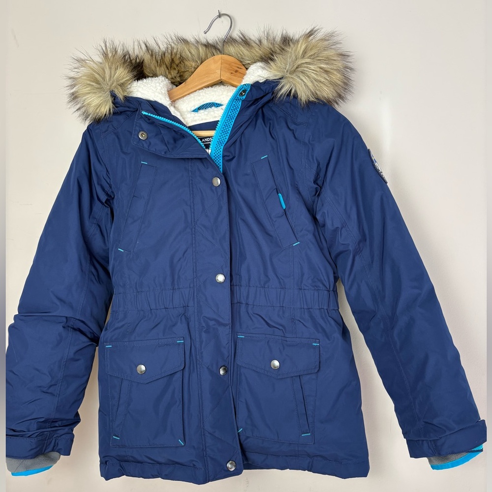 Lands' End Dark Blue Expedition Parka with Faux Fur Trim Sherpa Lining - Picture 2 of 9